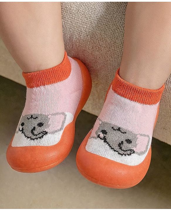 Cute Walk by Babyhug Slip-On Closure Sock Shoes With Elephant Print - Pink