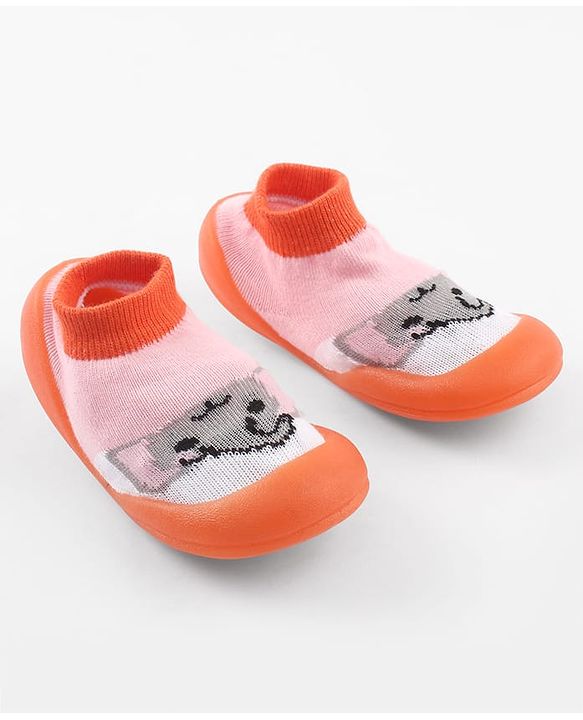 Cute Walk by Babyhug Slip-On Closure Sock Shoes With Elephant Print - Pink