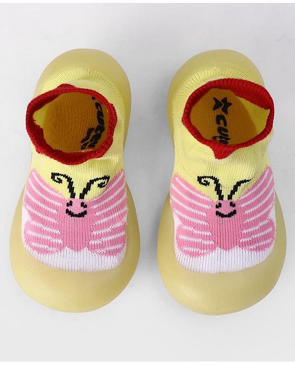Cute Walk by Babyhug Slip On Sock Shoes With Butterfly Design - Yellow & Pink