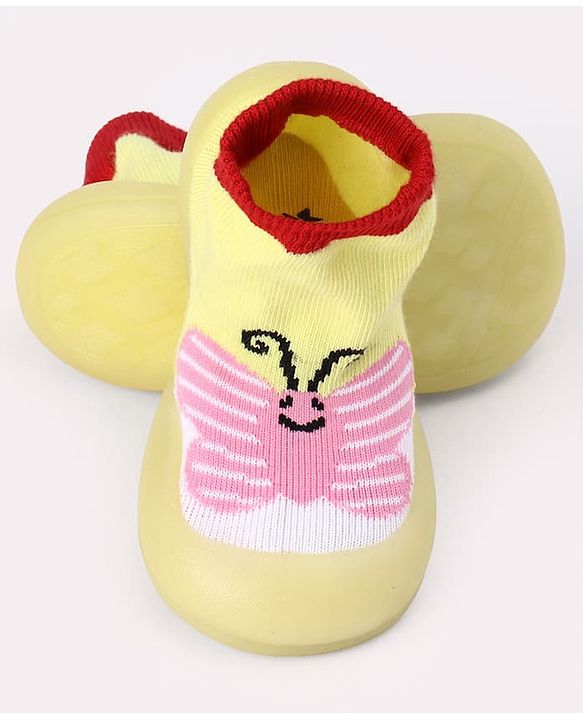 Cute Walk by Babyhug Slip On Sock Shoes With Butterfly Design - Yellow & Pink