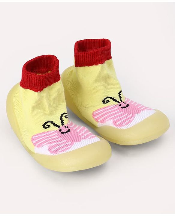 Cute Walk by Babyhug Slip On Sock Shoes With Butterfly Design - Yellow & Pink