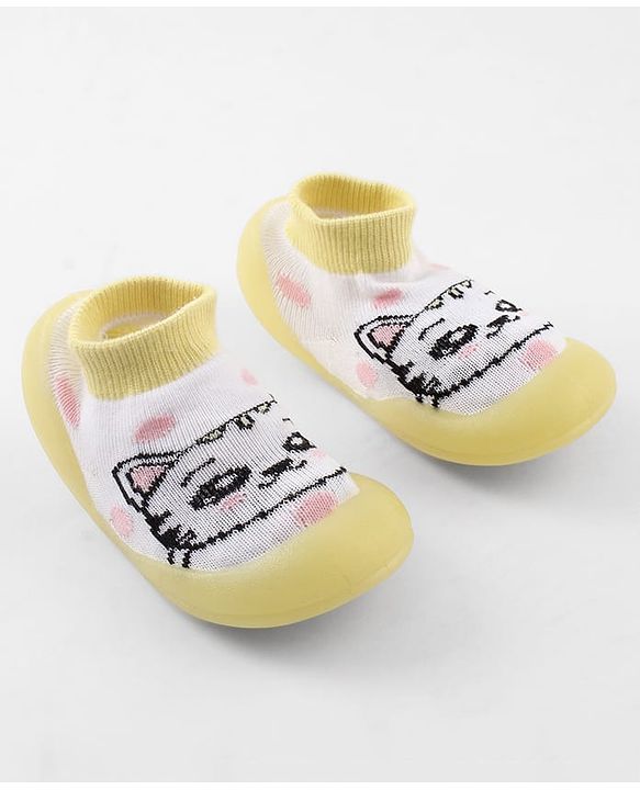 Cute Walk by Babyhug Slip-On Closure Sock Shoes With Cat Print - Yellow