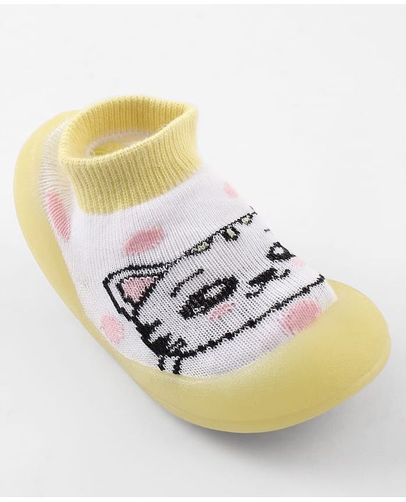 Cute Walk by Babyhug Slip-On Closure Sock Shoes With Cat Print - Yellow