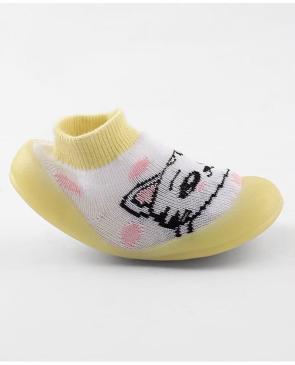 Cute Walk by Babyhug Slip-On Closure Sock Shoes With Cat Print - Yellow