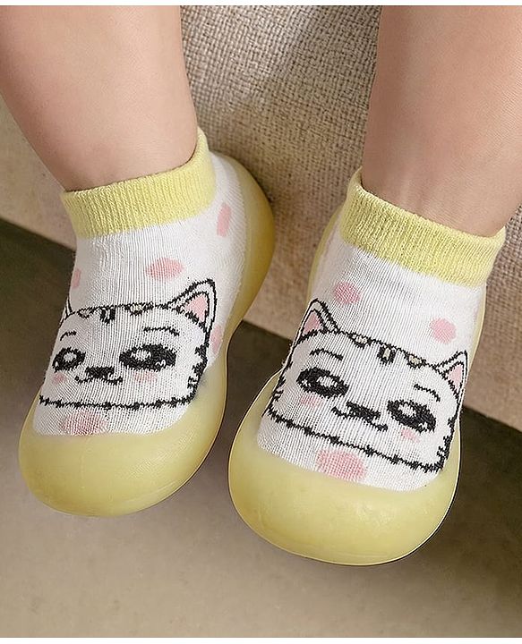 Cute Walk by Babyhug Slip-On Closure Sock Shoes With Cat Print - Yellow