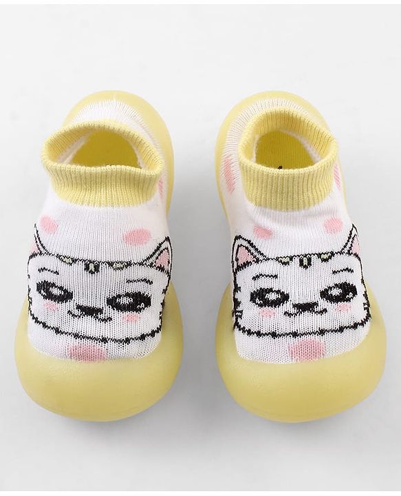 Cute Walk by Babyhug Slip-On Closure Sock Shoes With Cat Print - Yellow