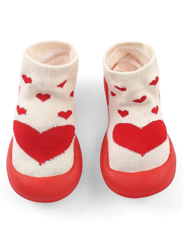 Cute Walk by Babyhug Slip-On Closure Sock Shoes With Heart Print - Red