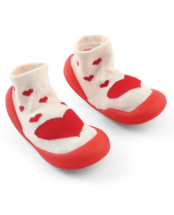 Cute Walk by Babyhug Slip-On Closure Sock Shoes With Heart Print - Red