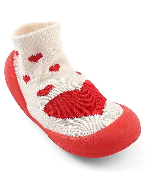 Cute Walk by Babyhug Slip-On Closure Sock Shoes With Heart Print - Red