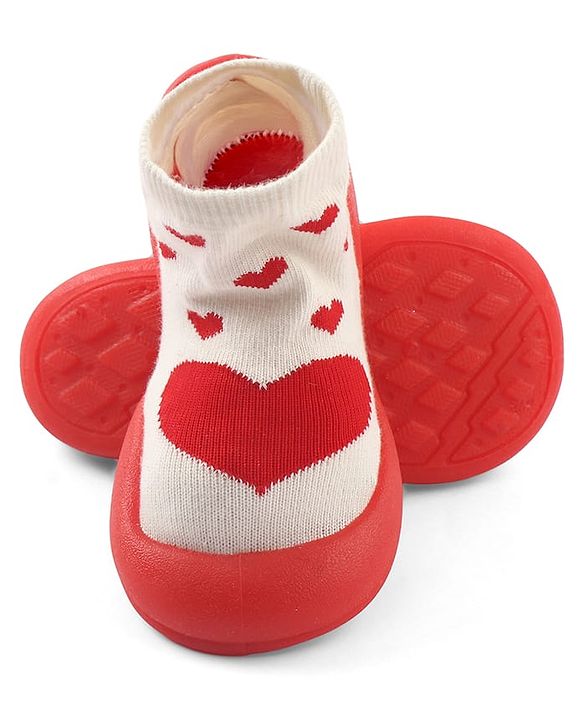 Cute Walk by Babyhug Slip-On Closure Sock Shoes With Heart Print - Red