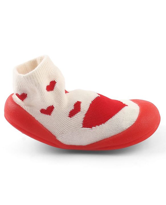 Cute Walk by Babyhug Slip-On Closure Sock Shoes With Heart Print - Red