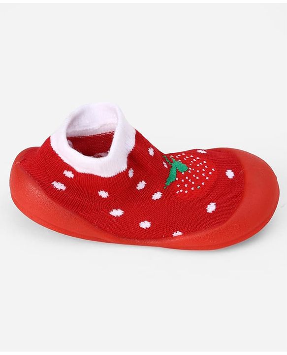 Cute Walk by Babyhug Slip On Sock Shoes With Strawberry Design - Red & White