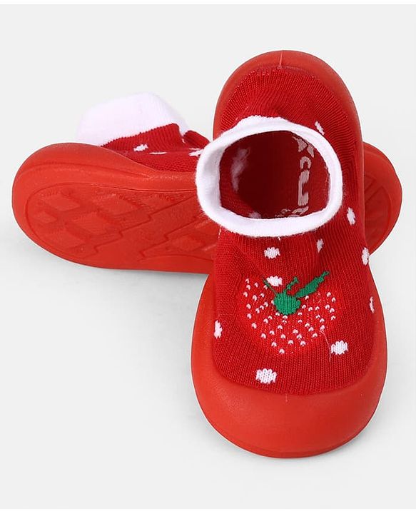 Cute Walk by Babyhug Slip On Sock Shoes With Strawberry Design - Red & White