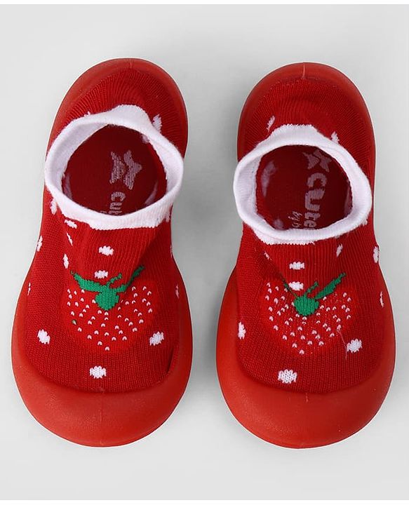 Cute Walk by Babyhug Slip On Sock Shoes With Strawberry Design - Red & White