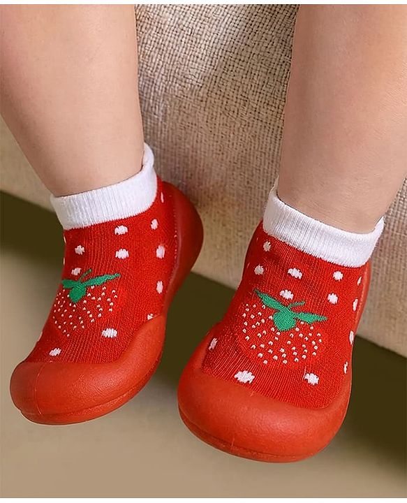 Cute Walk by Babyhug Slip On Sock Shoes With Strawberry Design - Red & White