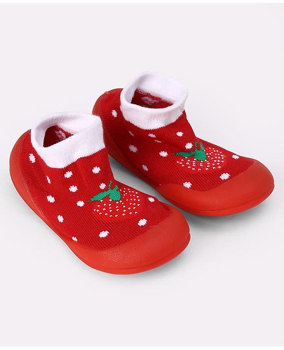 Cute Walk by Babyhug Slip On Sock Shoes With Strawberry Design - Red & White