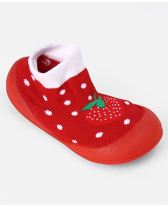 Cute Walk by Babyhug Slip On Sock Shoes With Strawberry Design - Red & White