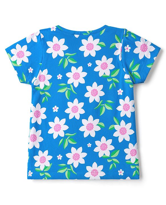Babyhug 100% Cotton Knit Half Sleeves Floral Printed Co-Ords T-Shirt & Pyjama Night Suit - Blue
