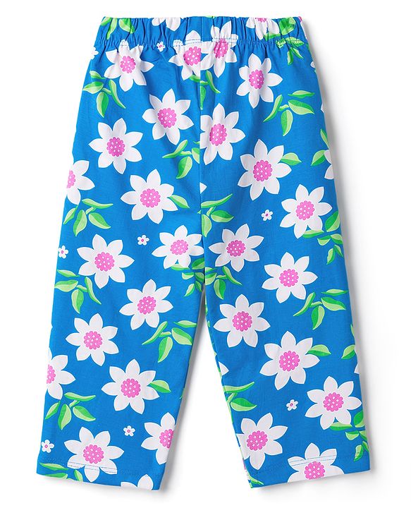 Babyhug 100% Cotton Knit Half Sleeves Floral Printed Co-Ords T-Shirt & Pyjama Night Suit - Blue