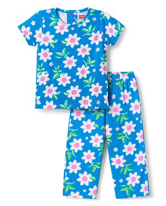 Babyhug 100% Cotton Knit Half Sleeves Floral Printed Co-Ords T-Shirt & Pyjama Night Suit - Blue