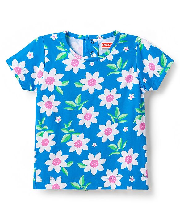 Babyhug 100% Cotton Knit Half Sleeves Floral Printed Co-Ords T-Shirt & Pyjama Night Suit - Blue