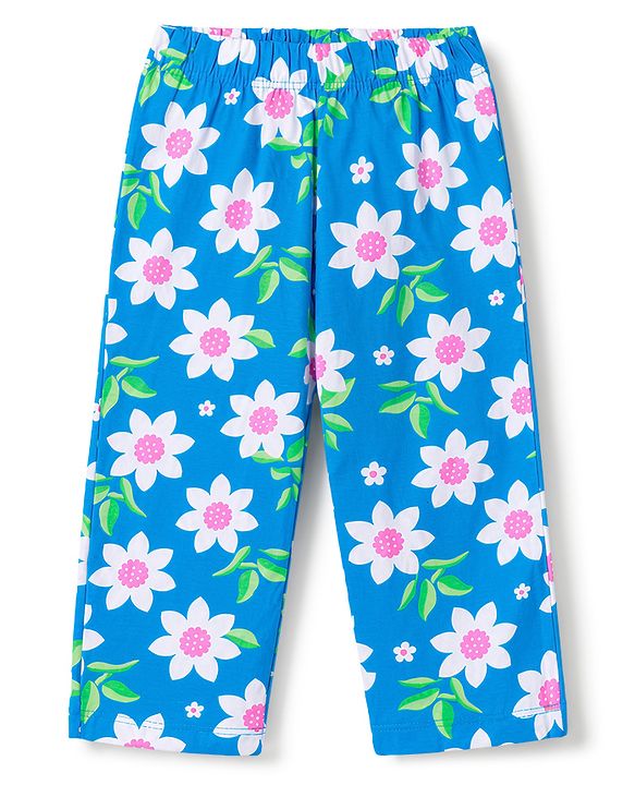 Babyhug 100% Cotton Knit Half Sleeves Floral Printed Co-Ords T-Shirt & Pyjama Night Suit - Blue