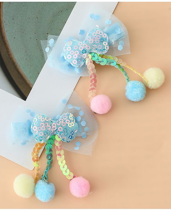 Babyhug Free Size Bow & Butterfly Hair Clips with Sequinned Bow Applique Pack of 2 -Blue