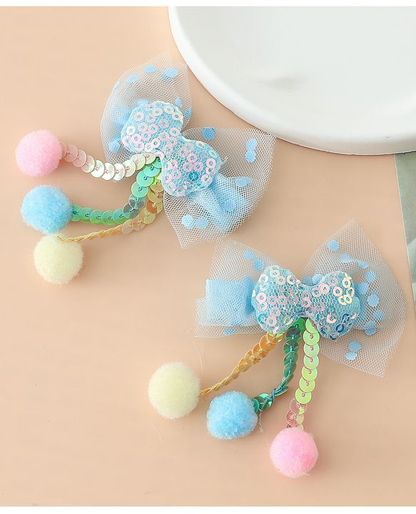 Babyhug Free Size Bow & Butterfly Hair Clips with Sequinned Bow Applique Pack of 2 -Blue