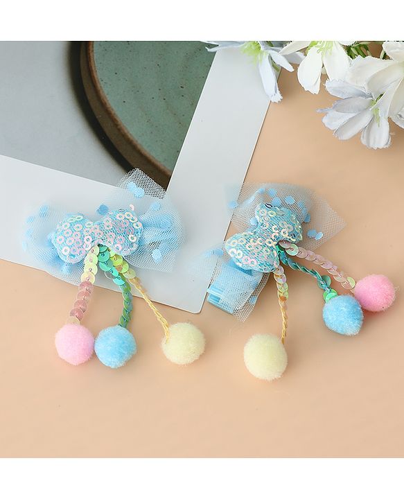 Babyhug Free Size Bow & Butterfly Hair Clips with Sequinned Bow Applique Pack of 2 -Blue