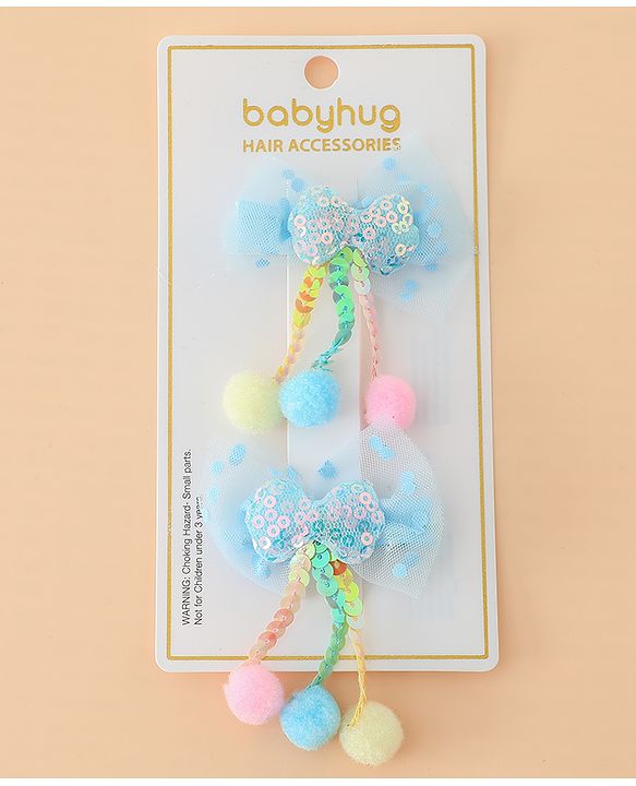 Babyhug Free Size Bow & Butterfly Hair Clips with Sequinned Bow Applique Pack of 2 -Blue