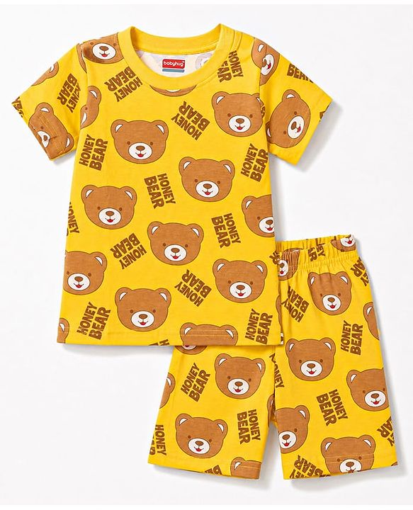 Babyhug 100% Cotton Knit Half Sleeves Co Ord T-Shirt & Shorts Night Suit Bear Print - Yellow