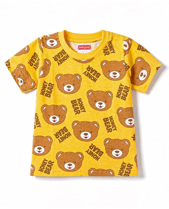 Babyhug 100% Cotton Knit Half Sleeves Co Ord T-Shirt & Shorts Night Suit Bear Print - Yellow