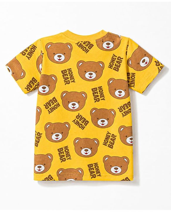 Babyhug 100% Cotton Knit Half Sleeves Co Ord T-Shirt & Shorts Night Suit Bear Print - Yellow