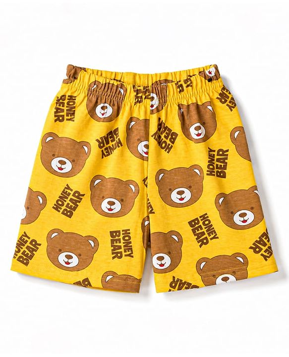 Babyhug 100% Cotton Knit Half Sleeves Co Ord T-Shirt & Shorts Night Suit Bear Print - Yellow