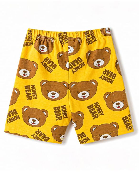 Babyhug 100% Cotton Knit Half Sleeves Co Ord T-Shirt & Shorts Night Suit Bear Print - Yellow