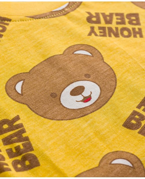 Babyhug 100% Cotton Knit Half Sleeves Co Ord T-Shirt & Shorts Night Suit Bear Print - Yellow