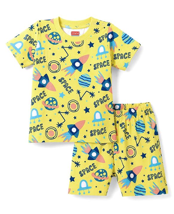 Babyhug 100% Cotton Knit Half Sleeves Co Ord T-Shirt & Shorts Night Suit Space Print - Yellow