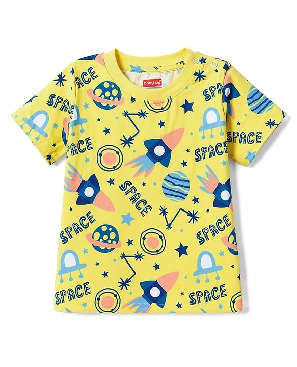 Babyhug 100% Cotton Knit Half Sleeves Co Ord T-Shirt & Shorts Night Suit Space Print - Yellow
