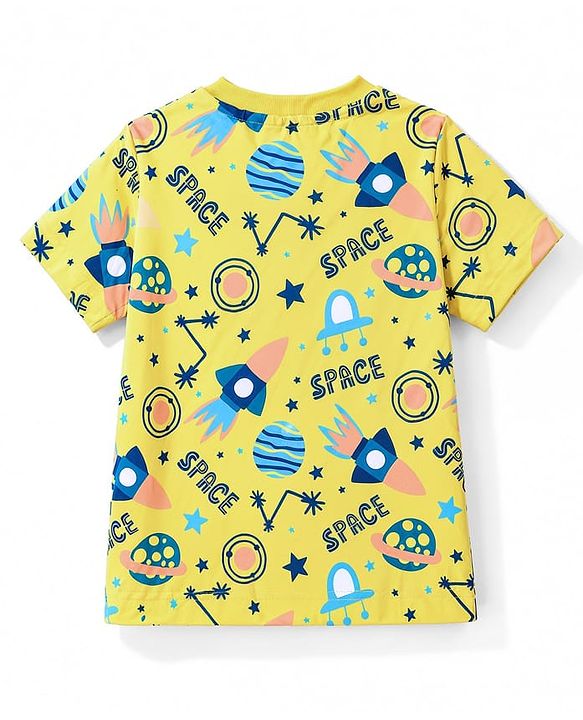 Babyhug 100% Cotton Knit Half Sleeves Co Ord T-Shirt & Shorts Night Suit Space Print - Yellow