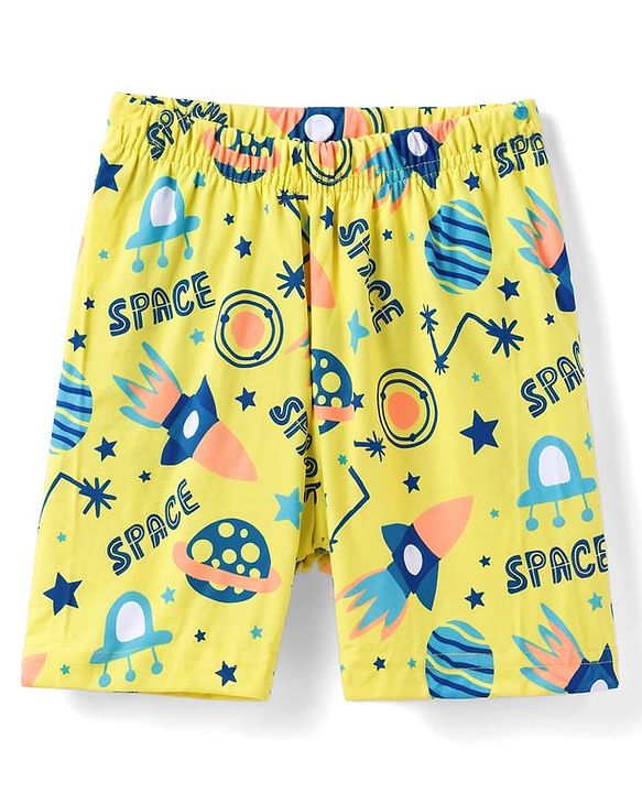 Babyhug 100% Cotton Knit Half Sleeves Co Ord T-Shirt & Shorts Night Suit Space Print - Yellow