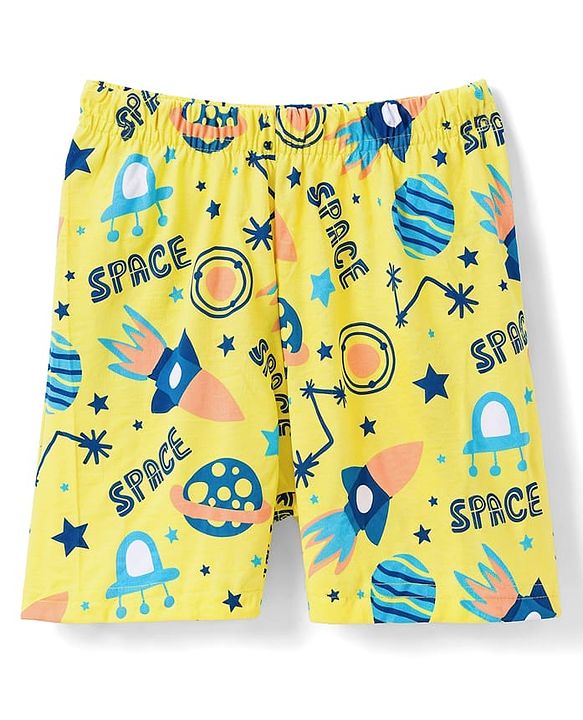 Babyhug 100% Cotton Knit Half Sleeves Co Ord T-Shirt & Shorts Night Suit Space Print - Yellow