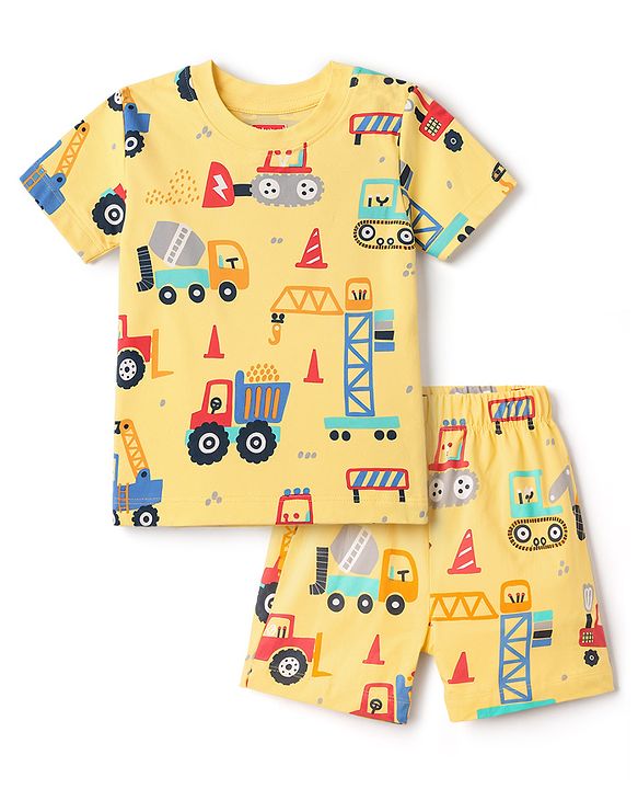 Babyhug Cotton Knit Half Sleeves T-Shirt & Shorts Co-Ord Night Suit With Vehicle Print - Yellow