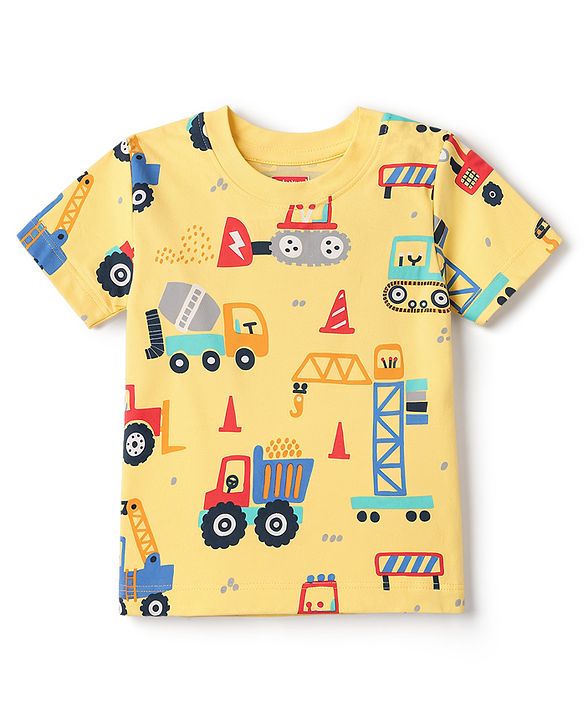 Babyhug Cotton Knit Half Sleeves T-Shirt & Shorts Co-Ord Night Suit With Vehicle Print - Yellow