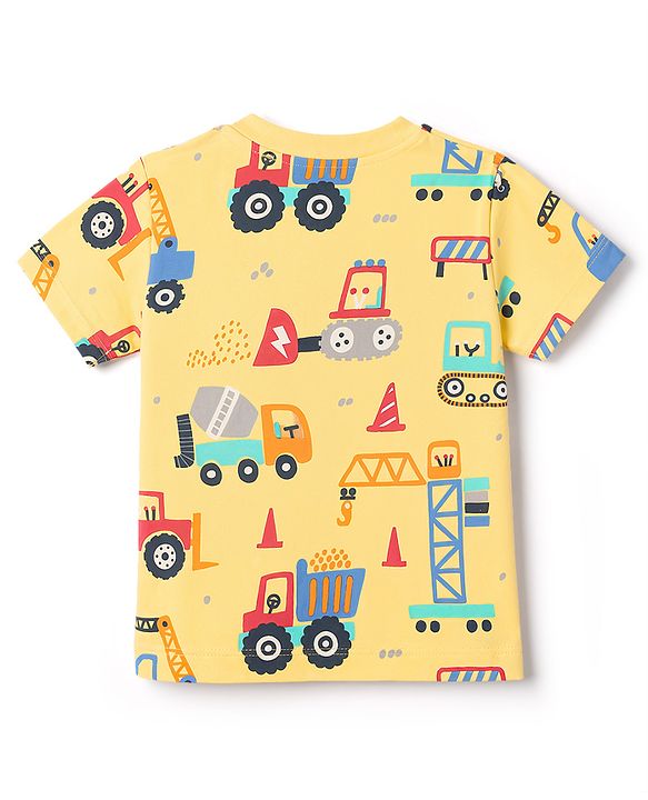 Babyhug Cotton Knit Half Sleeves T-Shirt & Shorts Co-Ord Night Suit With Vehicle Print - Yellow