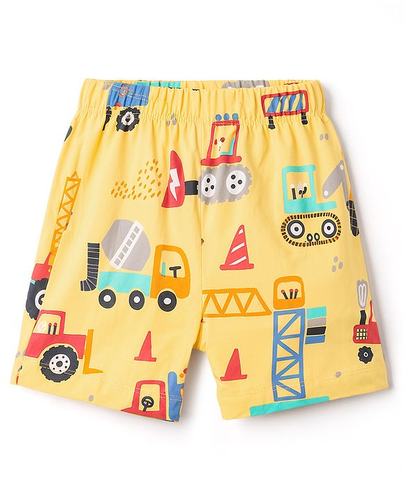 Babyhug Cotton Knit Half Sleeves T-Shirt & Shorts Co-Ord Night Suit With Vehicle Print - Yellow