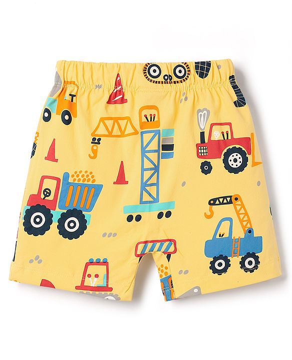 Babyhug Cotton Knit Half Sleeves T-Shirt & Shorts Co-Ord Night Suit With Vehicle Print - Yellow