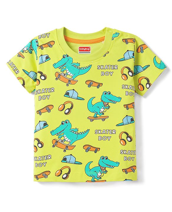 Babyhug Cotton Knit Half Sleeves T-Shirt & Shorts Co-Ord Night Suit With Dino Print - Green