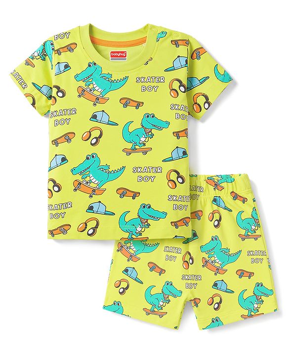 Babyhug Cotton Knit Half Sleeves T-Shirt & Shorts Co-Ord Night Suit With Dino Print - Green