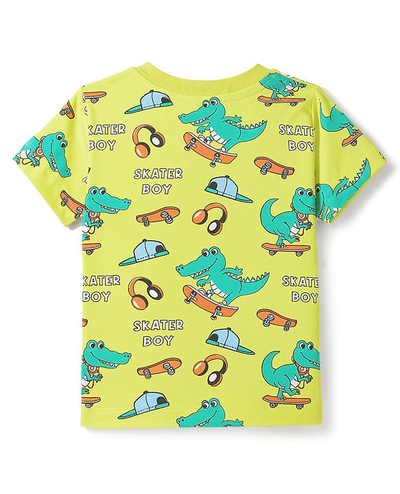Babyhug Cotton Knit Half Sleeves T-Shirt & Shorts Co-Ord Night Suit With Dino Print - Green