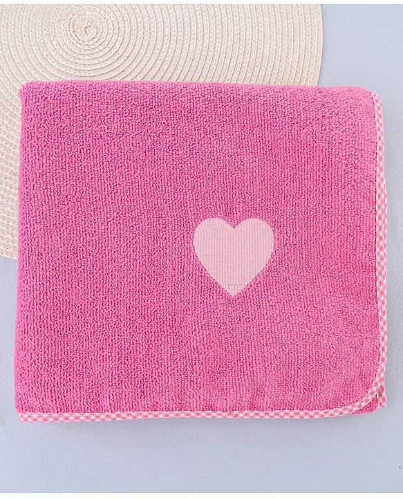 Babyhug Cotton Knit Towel With Hearts Embroidery L 102 x B 51 cm - Pink
